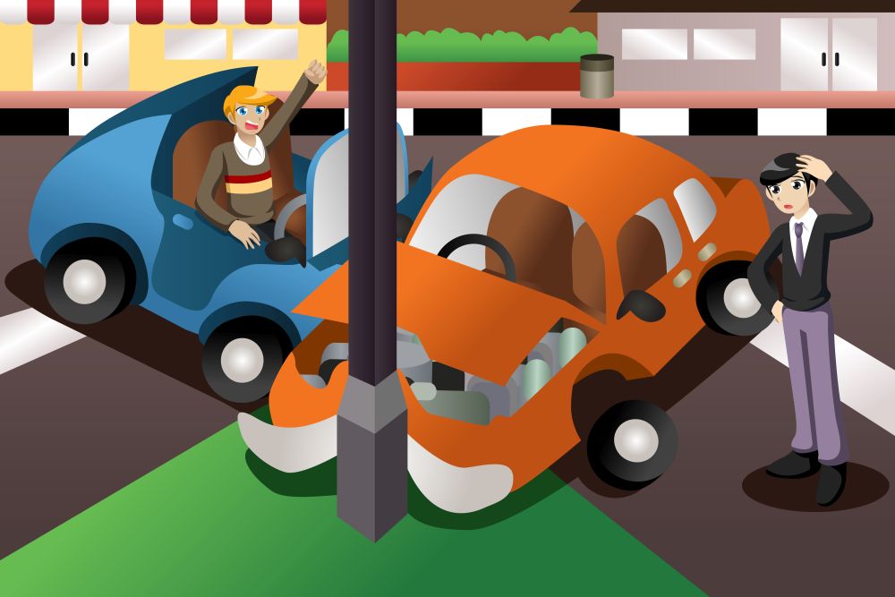 A colorful illustration of an accident on a city street to illustrate car accidents and injuries