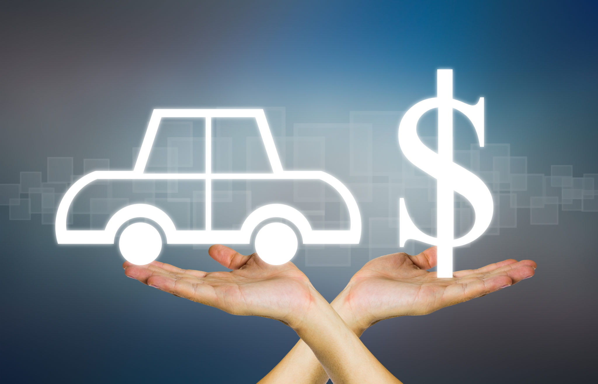 Illustration of hands holding a vehicle in one hand and a dollar sign in the other to represent insurance settlement choices